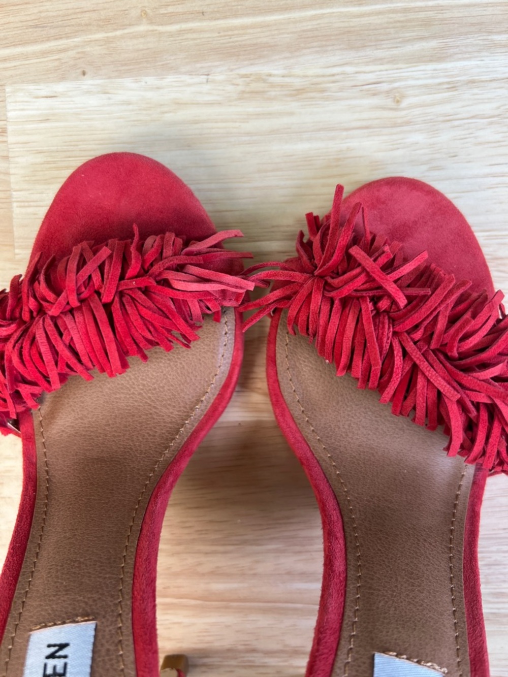 Steve Madden Red Suede Tassel Fringe Ankle-Tie Heels Sassey Size 5.5 - Picture 11 of 16